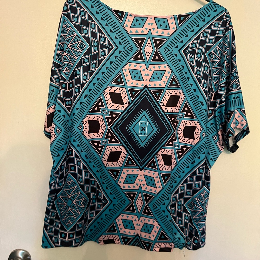 SHEIN Blue and Pink Geometric Blouse